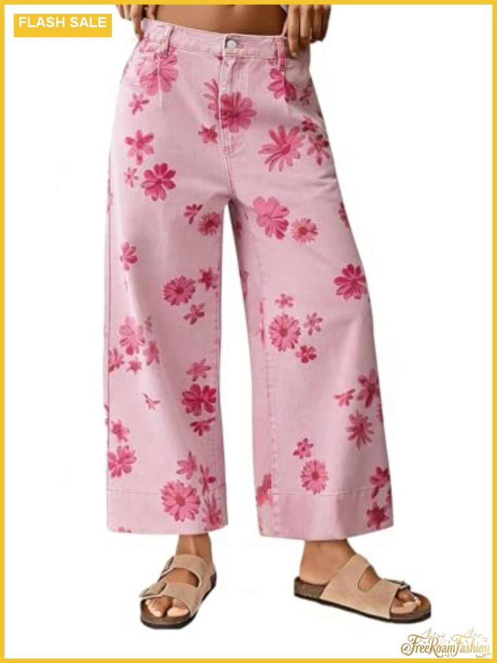 Wide Leg Crop Denim Jeans Boho Floral Ankle Leg Palazzo Pants for Women